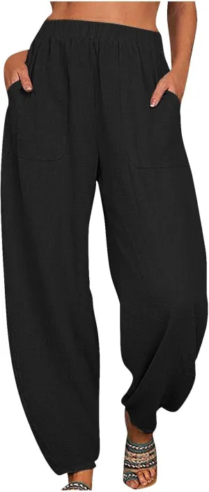 Womens Cotton Linen Harem Pants Lounge Elastic High Waist Trousers Summer Relaxed Fit Pant Solid Comfy Pockets Pants