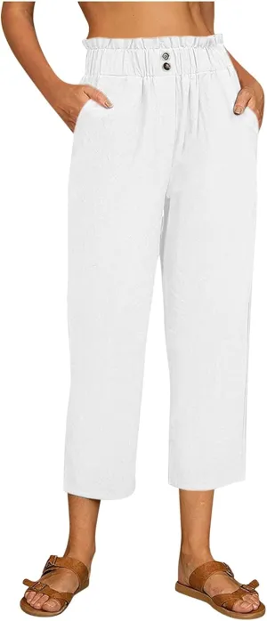 Women's Cotton Linen Summer Drawstring Palazzo Pants High Waist Lounge Pants Plus Size Pant Trousers Vacation