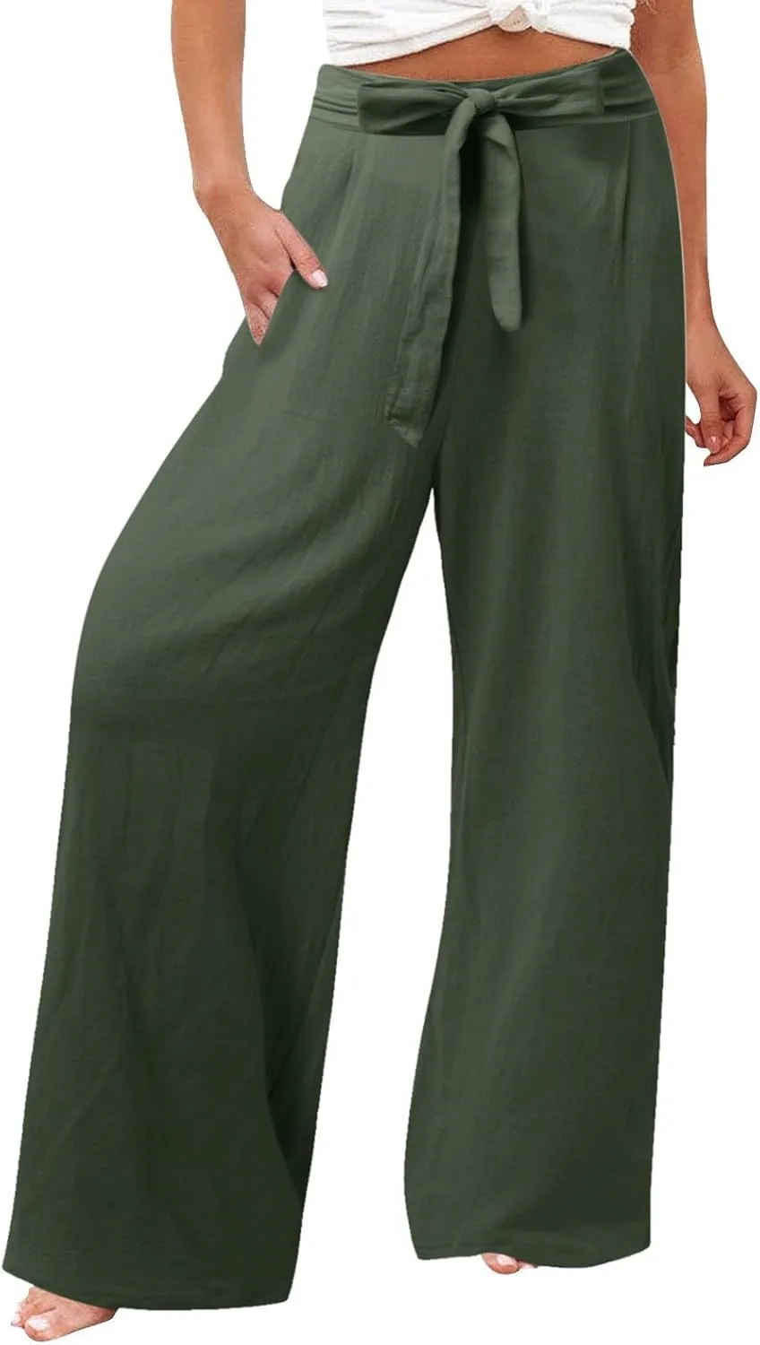 Women's Cotton Linen Summer Lightweigt Palazzo Pants Low Waist Wide Leg Loose Fit Pants Travel
