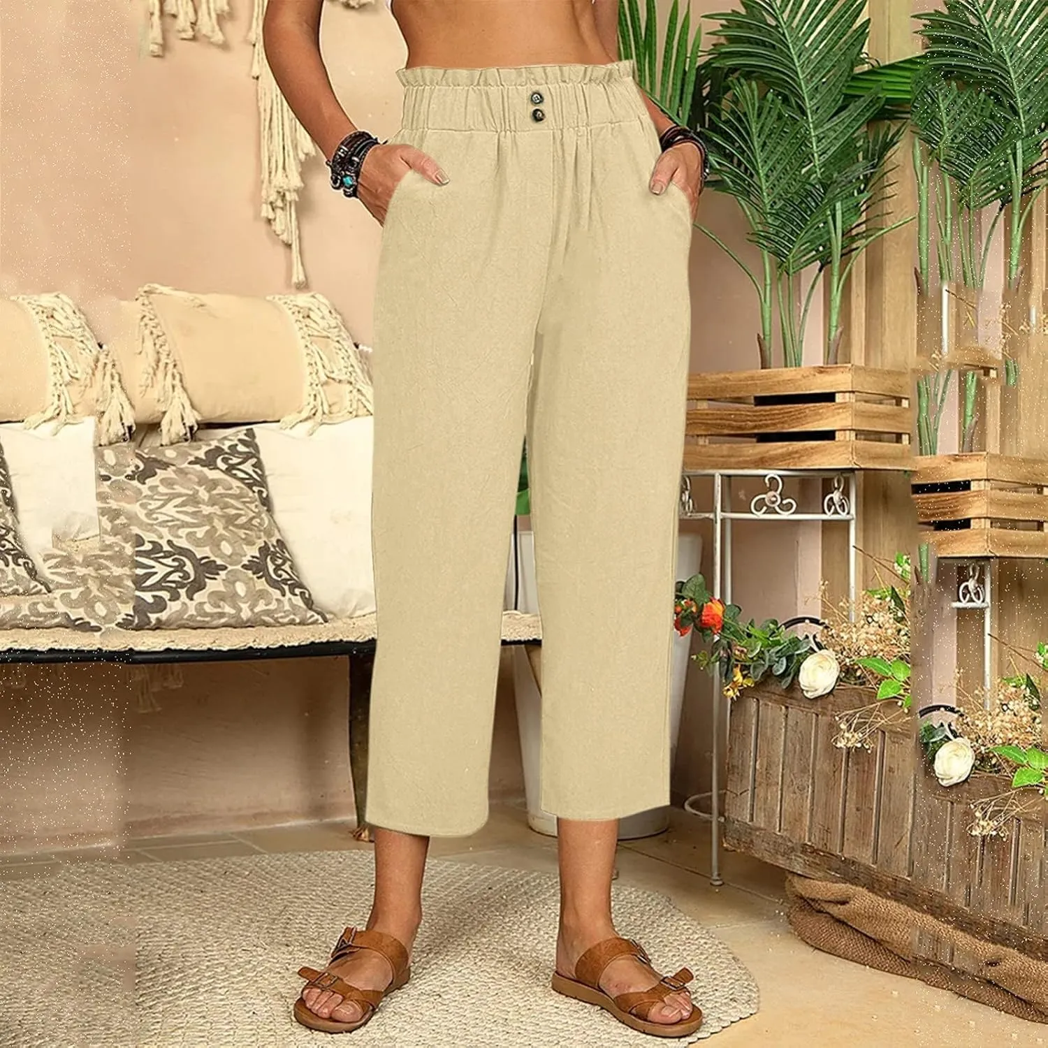 Women's Cotton Linen Summer Loose Flowy Pants Elastic Waisted Wide Leg Plus Size Trouser Business Work
