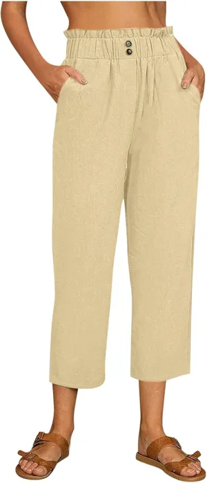 Women's Cotton Linen Summer Loose Flowy Pants Elastic Waisted Wide Leg Plus Size Trouser Business Work