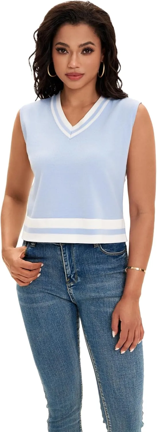 Womens Cropped Sweater Vest Summer V Neck Color Block Sleeveless Crop Tank Tops Loose Fit Knit Shirts 2025