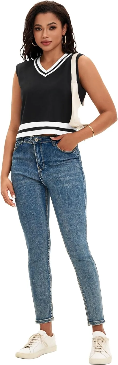 Womens Cropped Sweater Vest Summer V Neck Color Block Sleeveless Crop Tank Tops Loose Fit Knit Shirts 2025