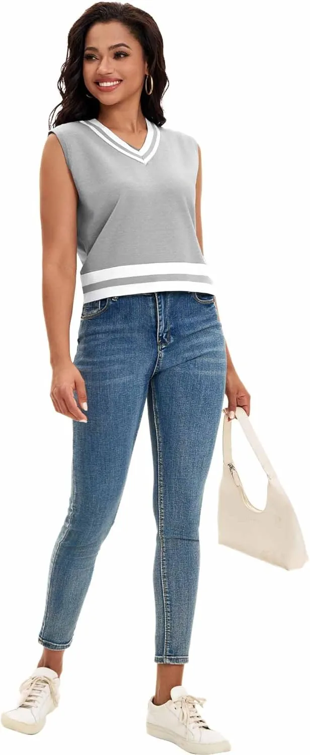 Womens Cropped Sweater Vest Summer V Neck Color Block Sleeveless Crop Tank Tops Loose Fit Knit Shirts 2025