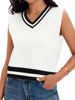 Womens Cropped Sweater Vest Summer V Neck Color Block Sleeveless Crop Tank Tops Loose Fit Knit Shirts 2025