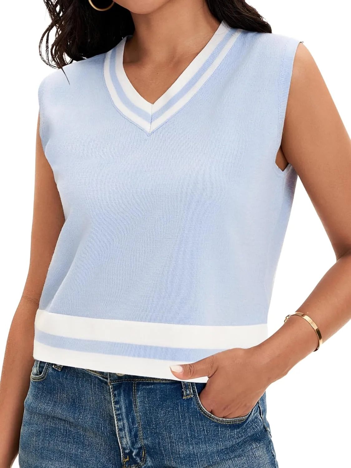 Womens Cropped Sweater Vest Summer V Neck Color Block Sleeveless Crop Tank Tops Loose Fit Knit Shirts 2025