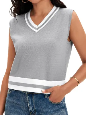 Womens Cropped Sweater Vest Summer V Neck Color Block Sleeveless Crop Tank Tops Loose Fit Knit Shirts 2025