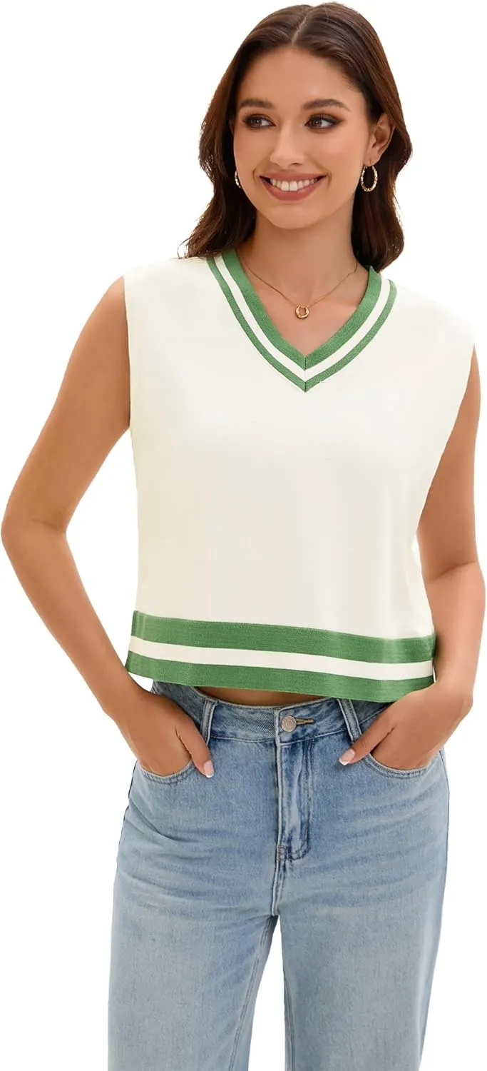 Womens Cropped Sweater Vest Summer V Neck Color Block Sleeveless Crop Tank Tops Loose Fit Knit Shirts 2025