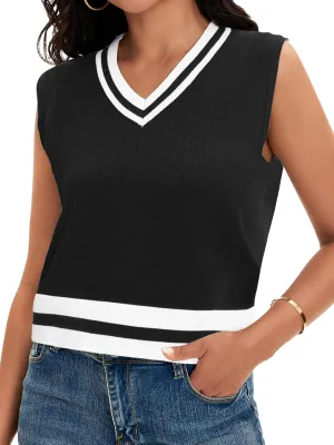 Womens Cropped Sweater Vest Summer V Neck Color Block Sleeveless Crop Tank Tops Loose Fit Knit Shirts 2025