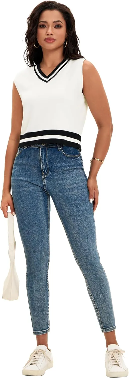 Womens Cropped Sweater Vest Summer V Neck Color Block Sleeveless Crop Tank Tops Loose Fit Knit Shirts 2025
