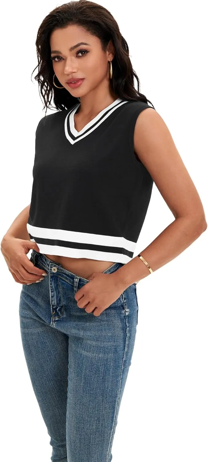 Womens Cropped Sweater Vest Summer V Neck Color Block Sleeveless Crop Tank Tops Loose Fit Knit Shirts 2025