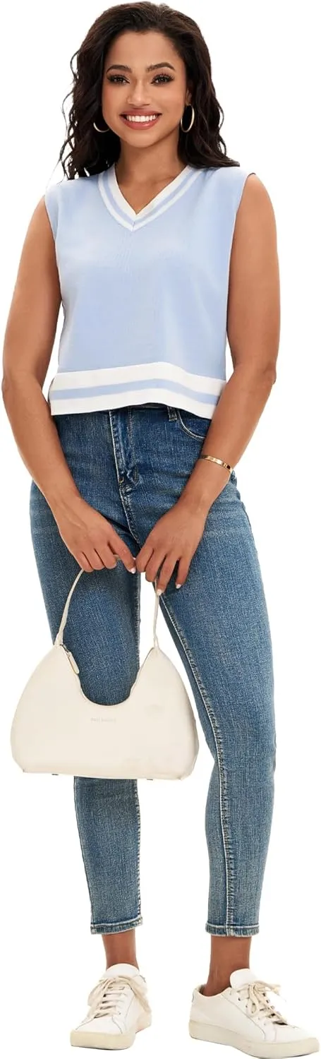 Womens Cropped Sweater Vest Summer V Neck Color Block Sleeveless Crop Tank Tops Loose Fit Knit Shirts 2025