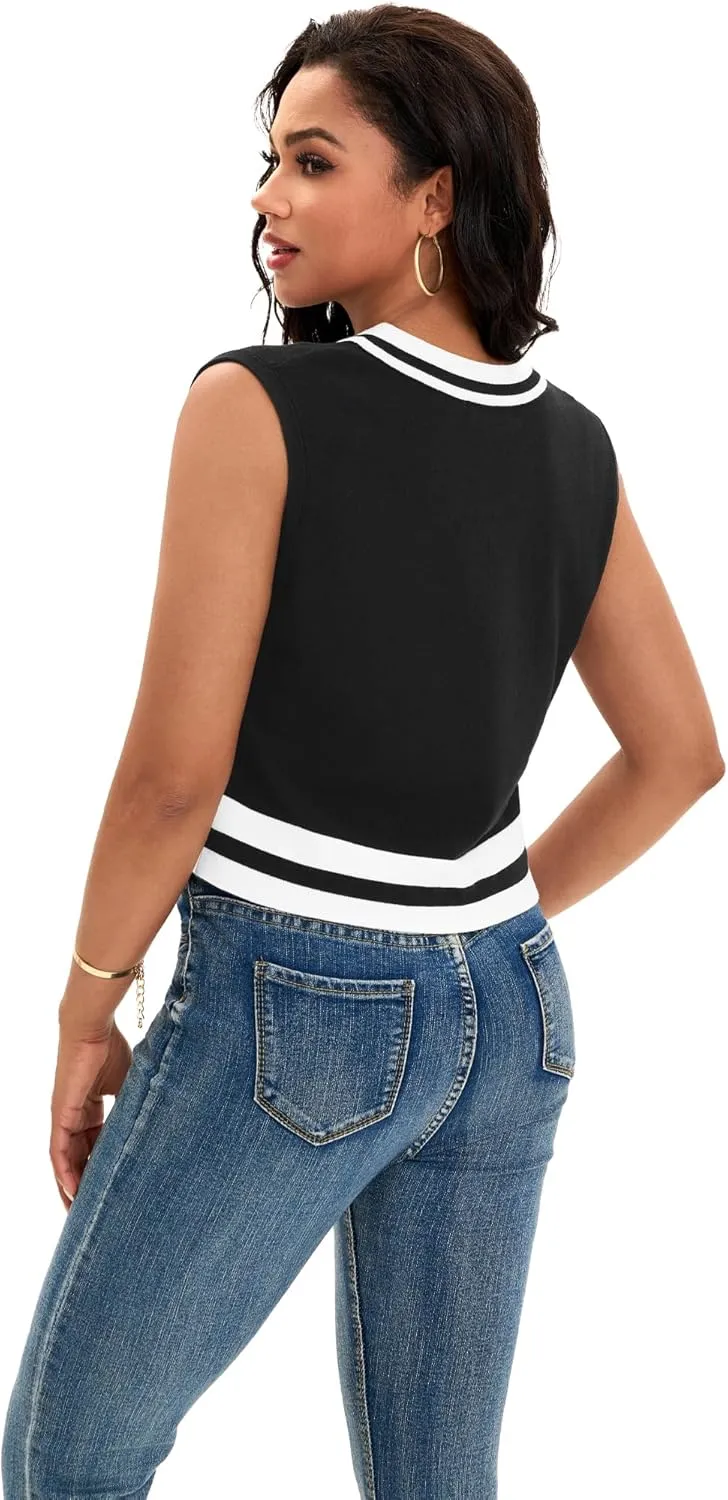 Womens Cropped Sweater Vest Summer V Neck Color Block Sleeveless Crop Tank Tops Loose Fit Knit Shirts 2025