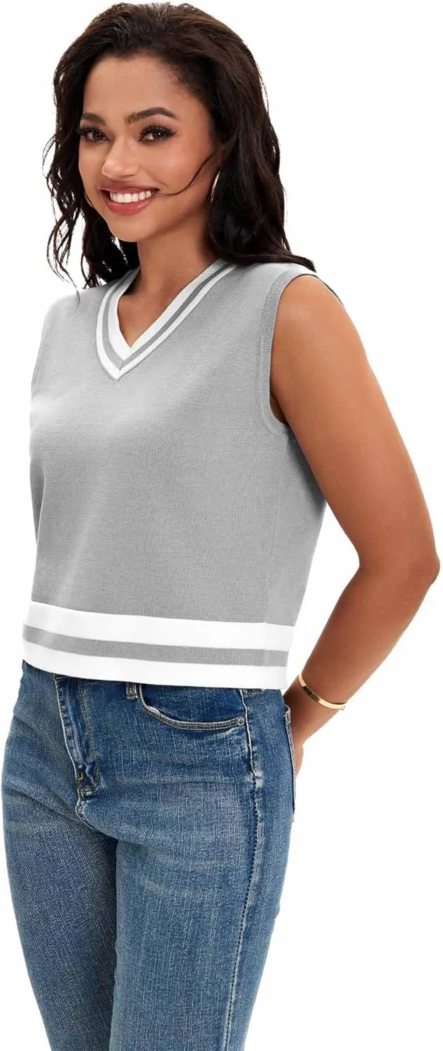 Womens Cropped Sweater Vest Summer V Neck Color Block Sleeveless Crop Tank Tops Loose Fit Knit Shirts 2025