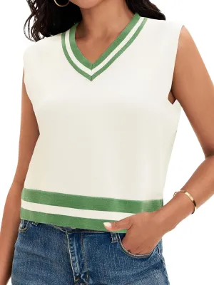 Womens Cropped Sweater Vest Summer V Neck Color Block Sleeveless Crop Tank Tops Loose Fit Knit Shirts 2025
