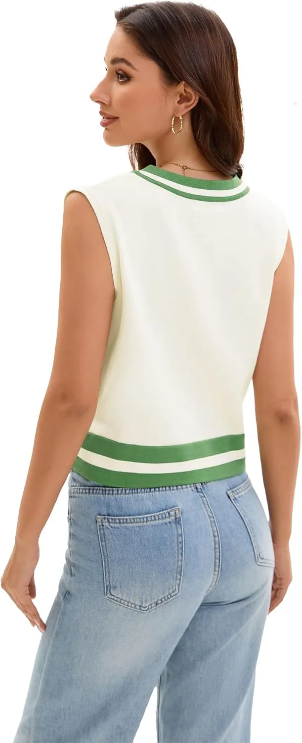 Womens Cropped Sweater Vest Summer V Neck Color Block Sleeveless Crop Tank Tops Loose Fit Knit Shirts 2025