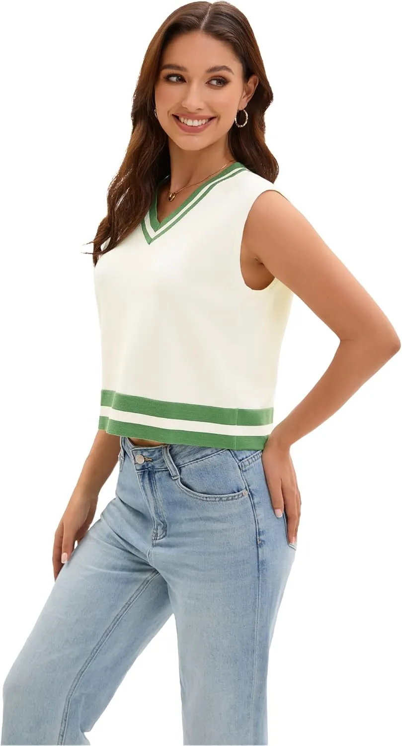 Womens Cropped Sweater Vest Summer V Neck Color Block Sleeveless Crop Tank Tops Loose Fit Knit Shirts 2025