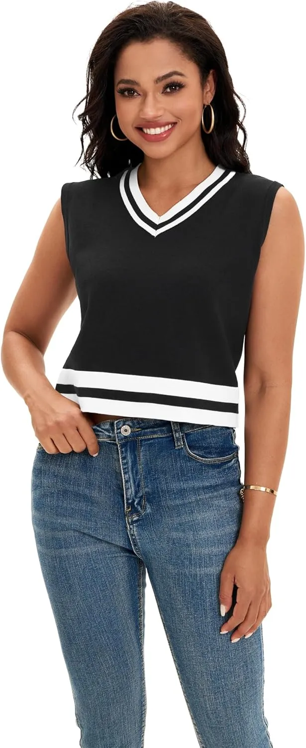Womens Cropped Sweater Vest Summer V Neck Color Block Sleeveless Crop Tank Tops Loose Fit Knit Shirts 2025