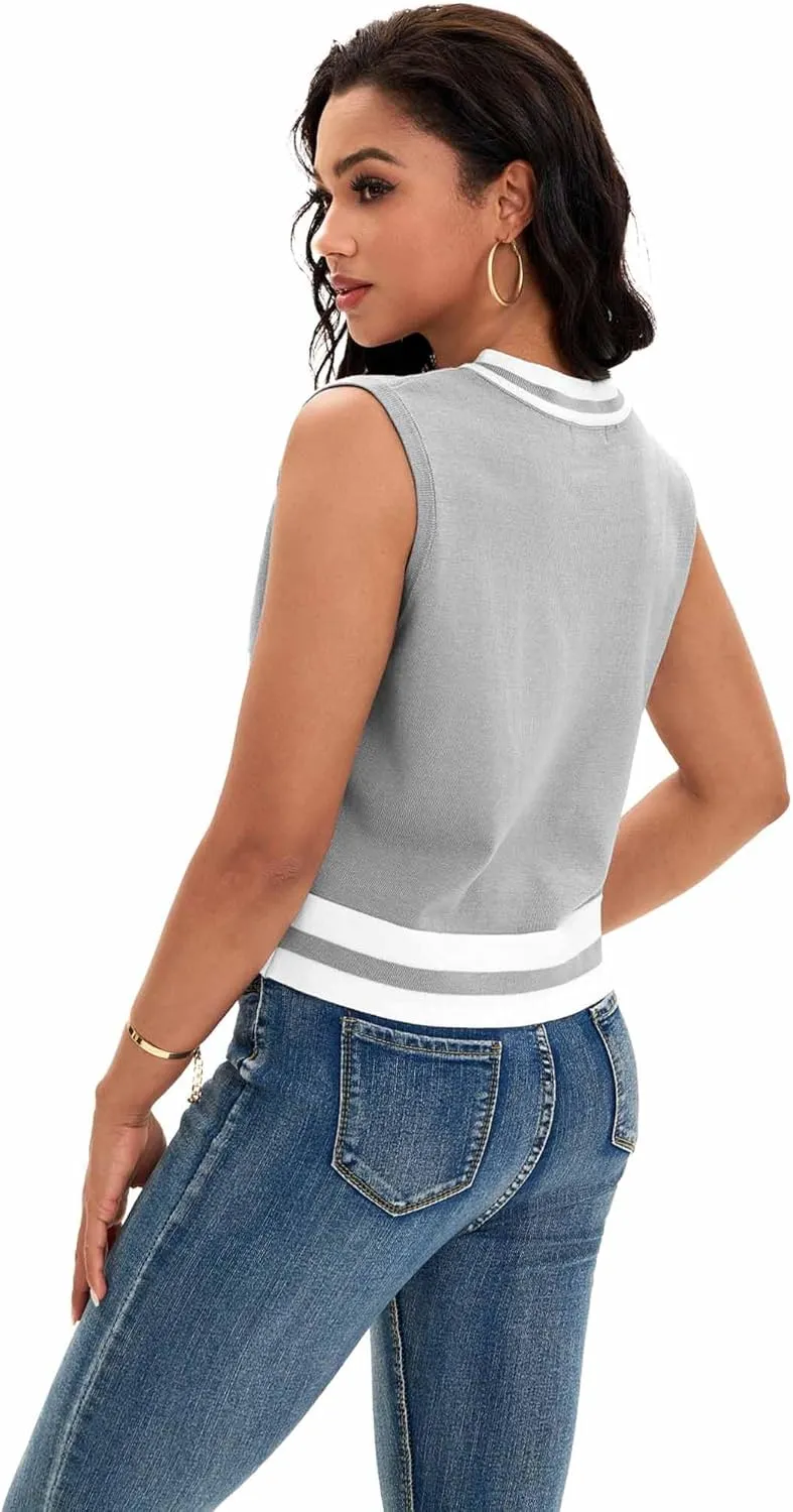 Womens Cropped Sweater Vest Summer V Neck Color Block Sleeveless Crop Tank Tops Loose Fit Knit Shirts 2025
