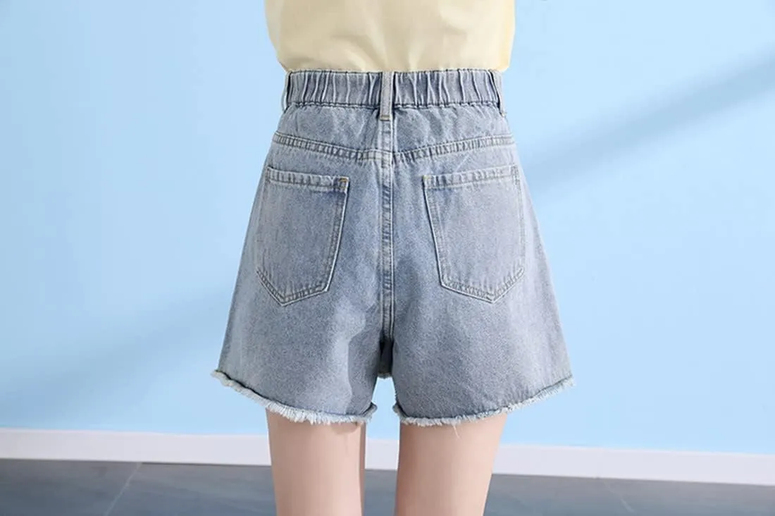 Women's Denim Skorts High Waisted Cut Off Frayed Distressed Hem Jean Shorts Elastic Waist with Belt Loop