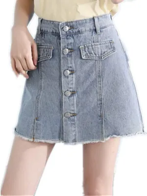 Women's Denim Skorts High Waisted Cut Off Frayed Distressed Hem Jean Shorts Elastic Waist with Belt Loop