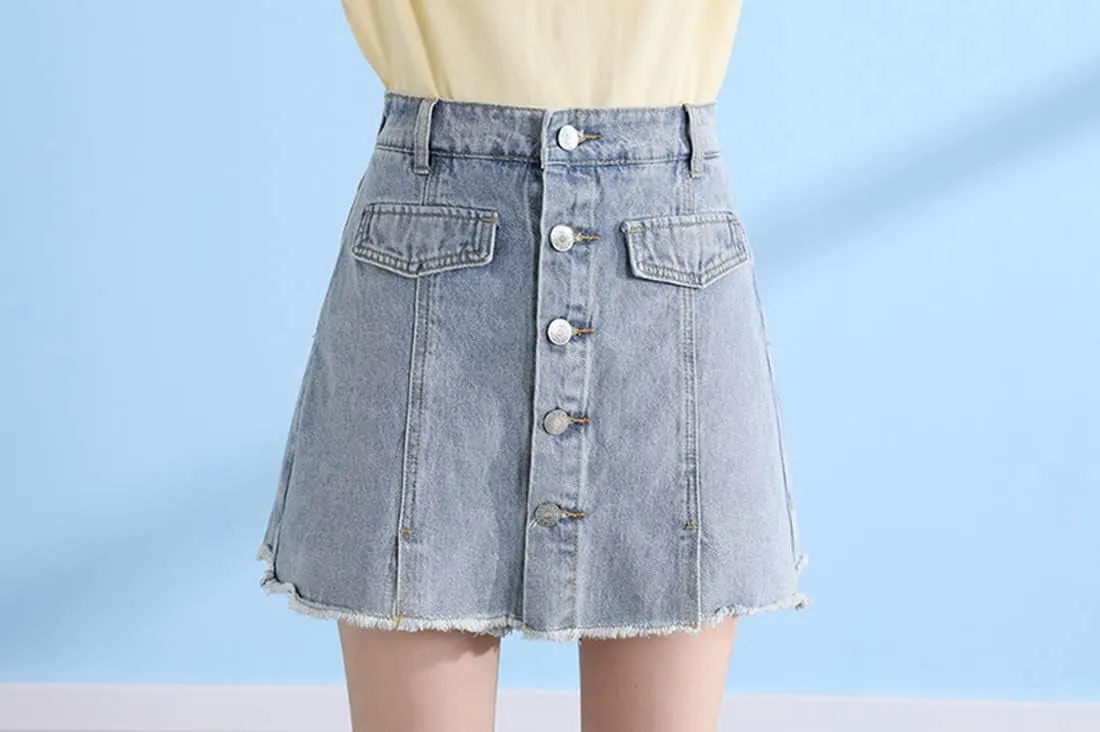 Women's Denim Skorts High Waisted Cut Off Frayed Distressed Hem Jean Shorts Elastic Waist with Belt Loop