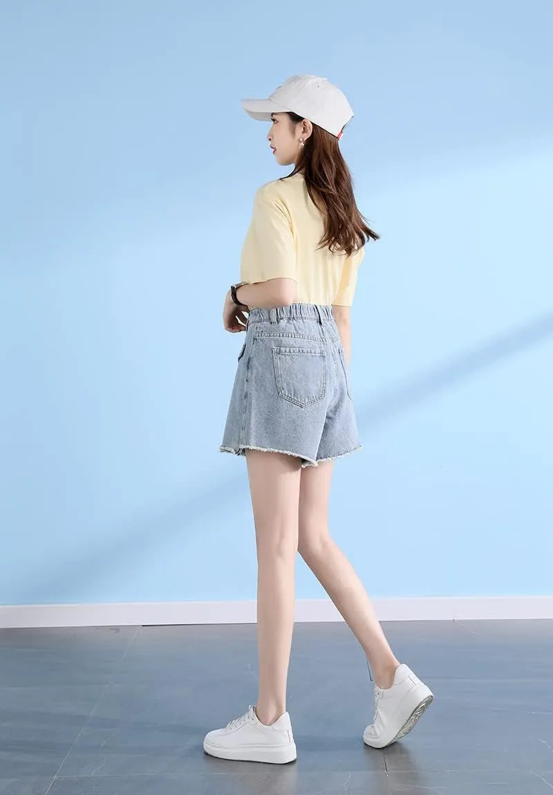 Women's Denim Skorts High Waisted Cut Off Frayed Distressed Hem Jean Shorts Elastic Waist with Belt Loop