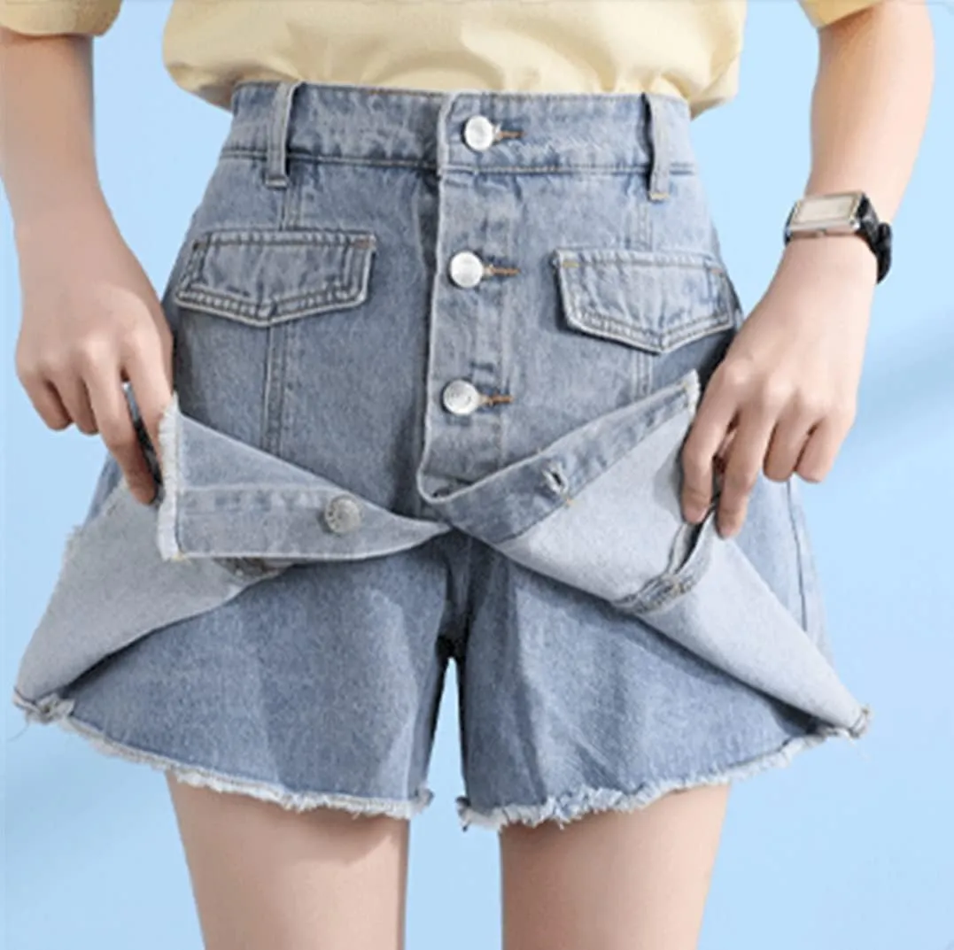 Women's Denim Skorts High Waisted Cut Off Frayed Distressed Hem Jean Shorts Elastic Waist with Belt Loop