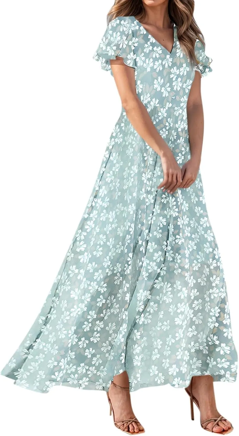 Womens Dresses Swing Maxi Dresses for Women Swing Flowy Ruffle Hem Ruffle Short Sleeve Womens