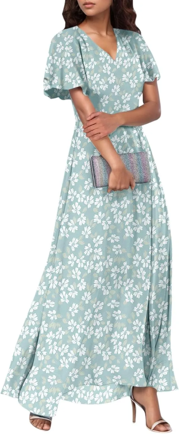 Womens Dresses Swing Maxi Dresses for Women Swing Flowy Ruffle Hem Ruffle Short Sleeve Womens
