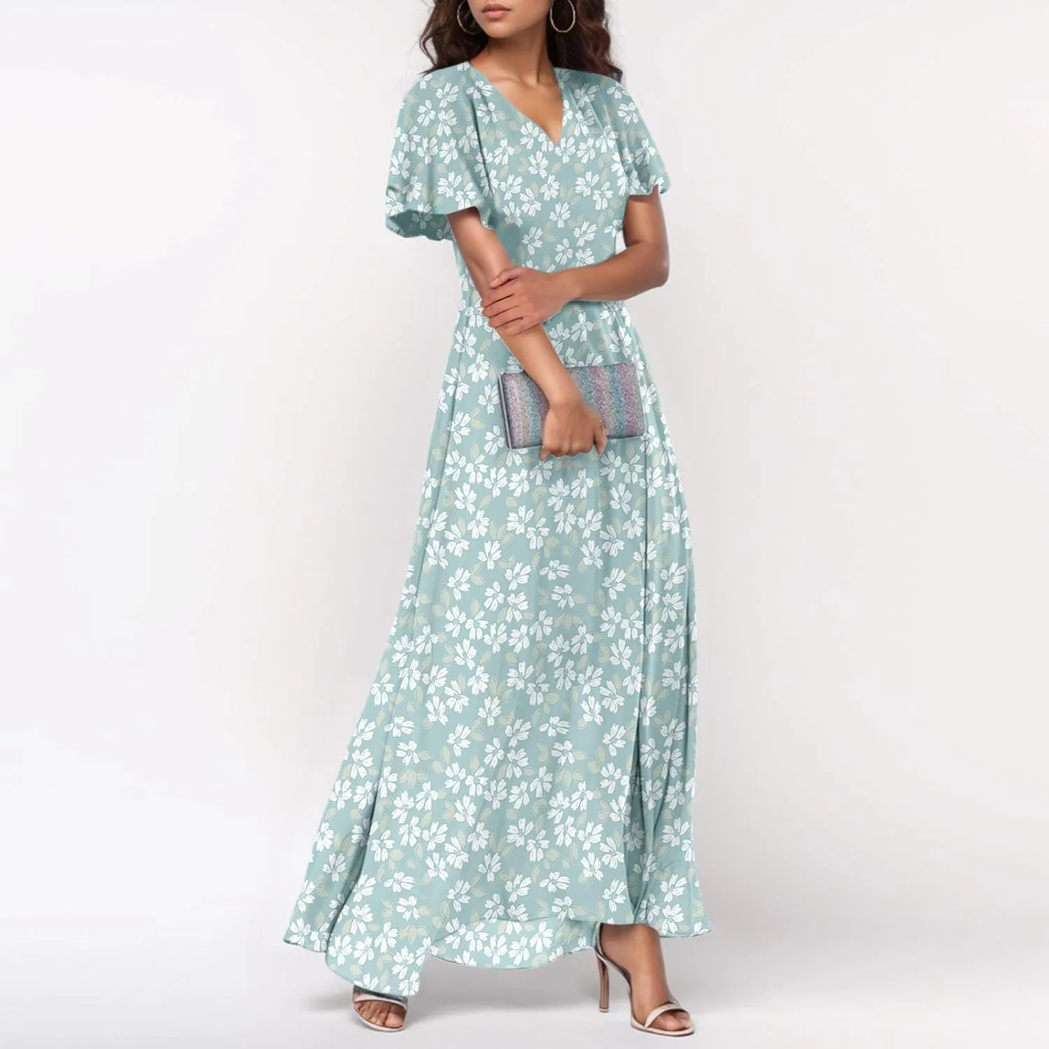 Womens Dresses Swing Maxi Dresses for Women Swing Flowy Ruffle Hem Ruffle Short Sleeve Womens