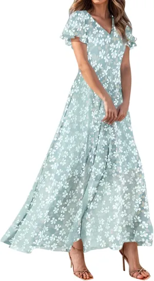 Womens Dresses Swing Maxi Dresses for Women Swing Flowy Ruffle Hem Ruffle Short Sleeve Womens