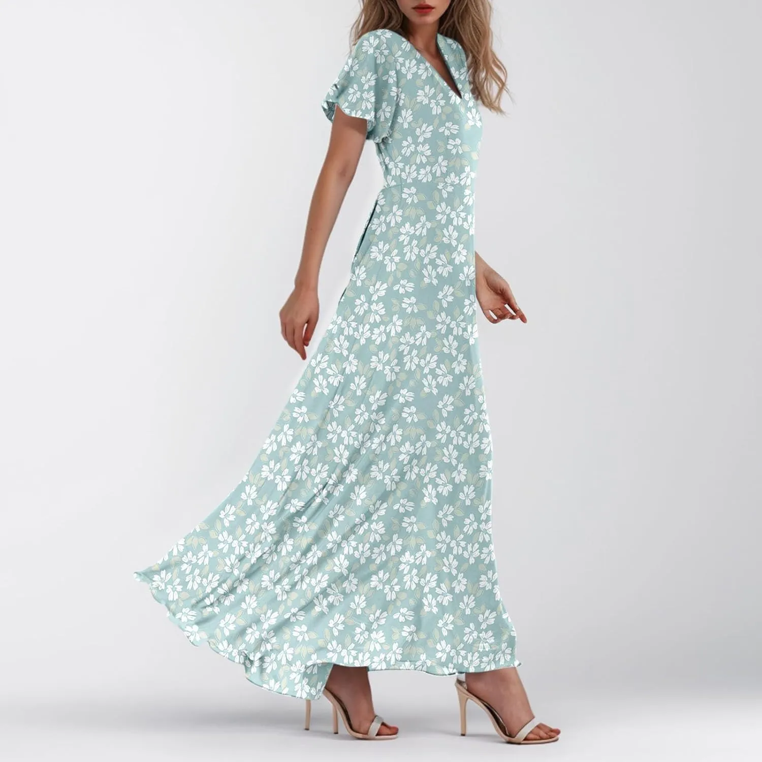 Womens Dresses Swing Maxi Dresses for Women Swing Flowy Ruffle Hem Ruffle Short Sleeve Womens
