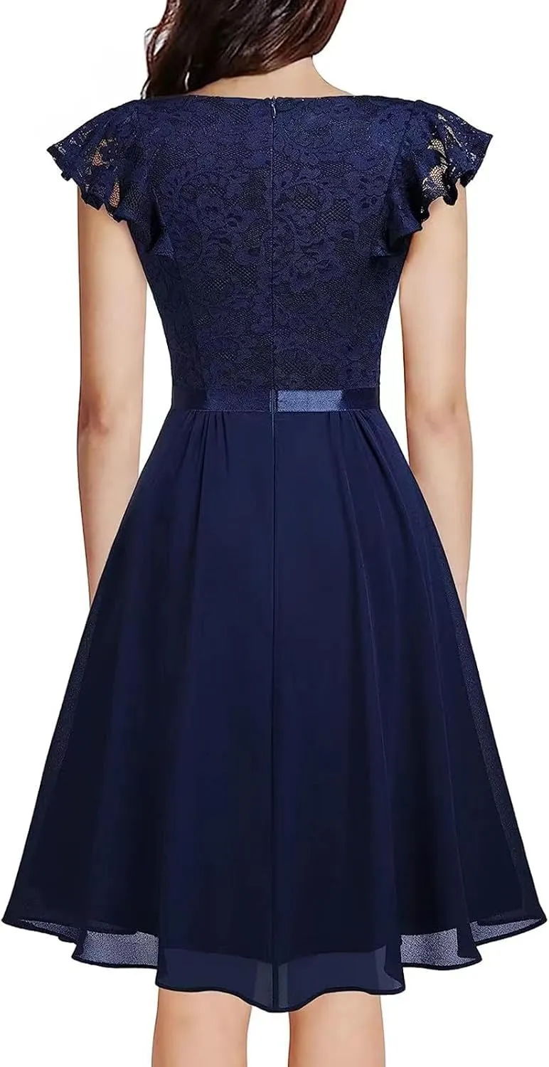 Women's Elegant Floral Lace V Neck Ruffle Cap Sleeve Cocktail Party Dress Bridesmaid Prom Dresses Vintage Swing Dress