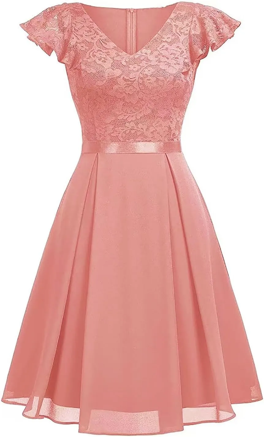 Women's Elegant Floral Lace V Neck Ruffle Cap Sleeve Cocktail Party Dress Bridesmaid Prom Dresses Vintage Swing Dress