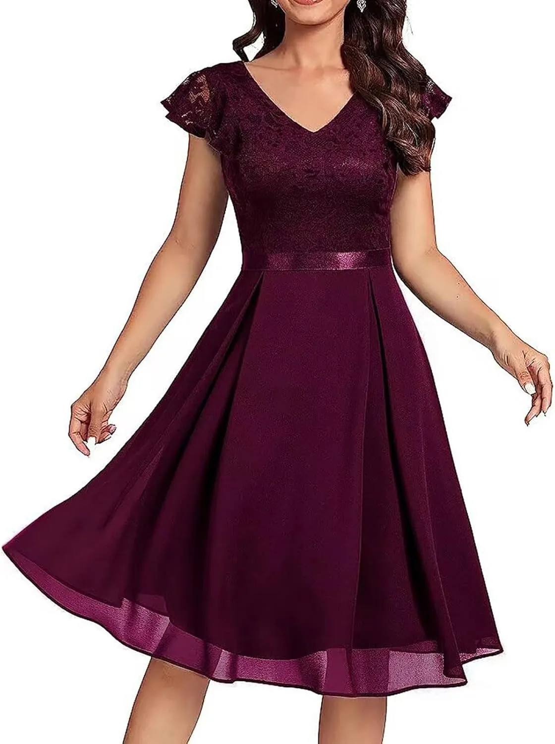 Women's Elegant Floral Lace V Neck Ruffle Cap Sleeve Cocktail Party Dress Bridesmaid Prom Dresses Vintage Swing Dress