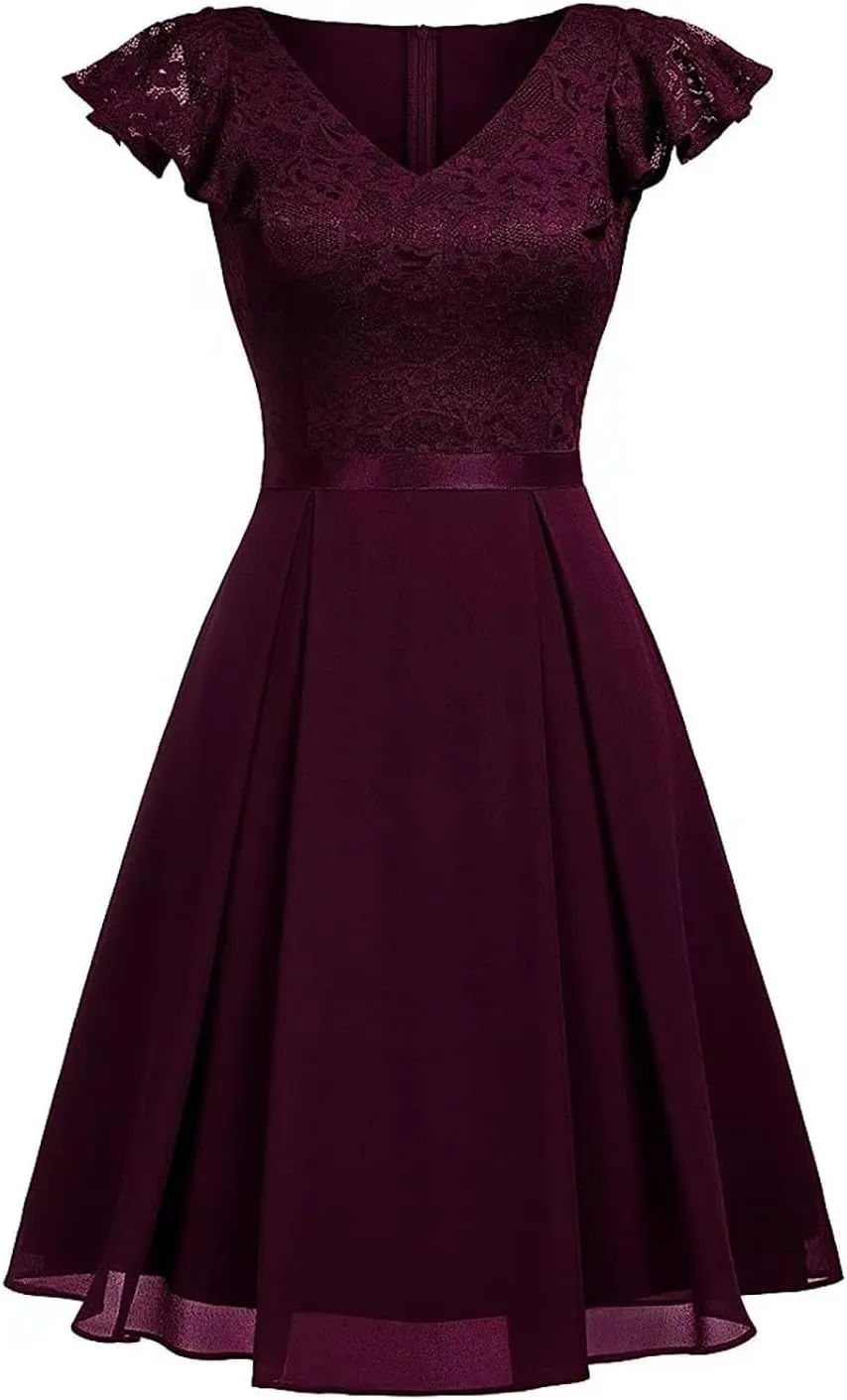 Women's Elegant Floral Lace V Neck Ruffle Cap Sleeve Cocktail Party Dress Bridesmaid Prom Dresses Vintage Swing Dress