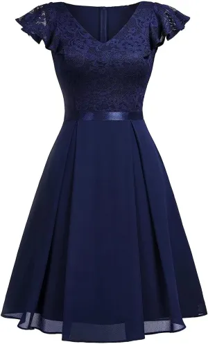 Women's Elegant Floral Lace V Neck Ruffle Cap Sleeve Cocktail Party Dress Bridesmaid Prom Dresses Vintage Swing Dress