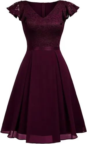 Women's Elegant Floral Lace V Neck Ruffle Cap Sleeve Cocktail Party Dress Bridesmaid Prom Dresses Vintage Swing Dress
