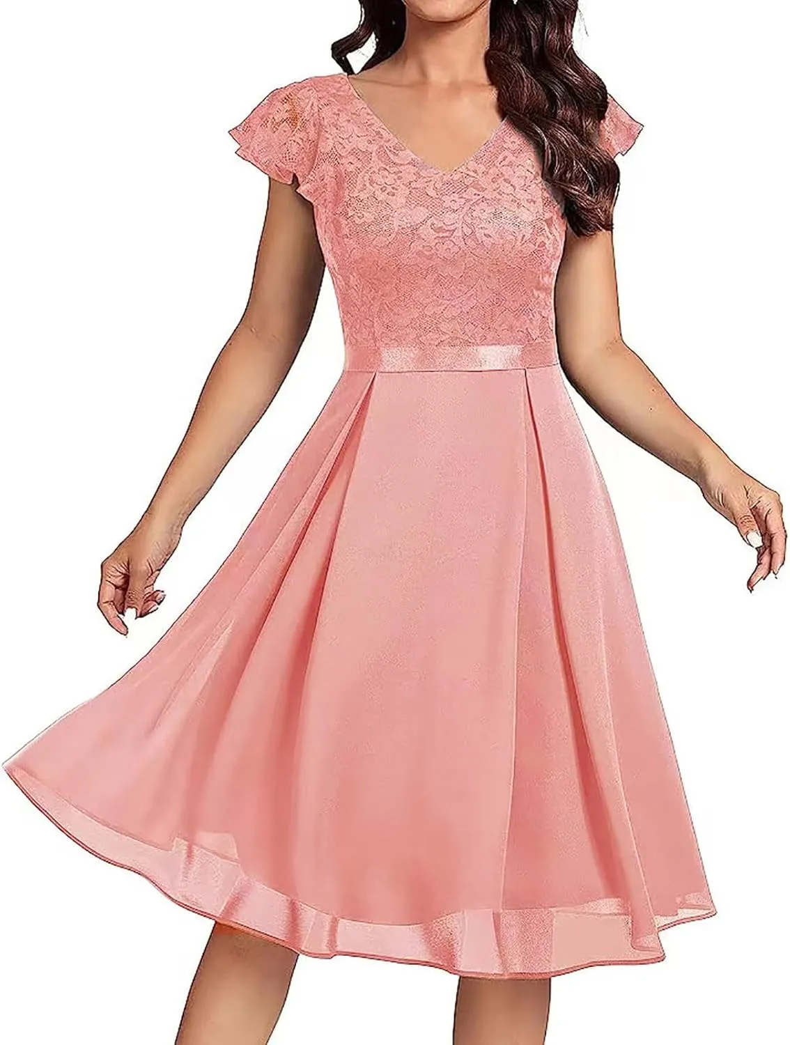 Women's Elegant Floral Lace V Neck Ruffle Cap Sleeve Cocktail Party Dress Bridesmaid Prom Dresses Vintage Swing Dress
