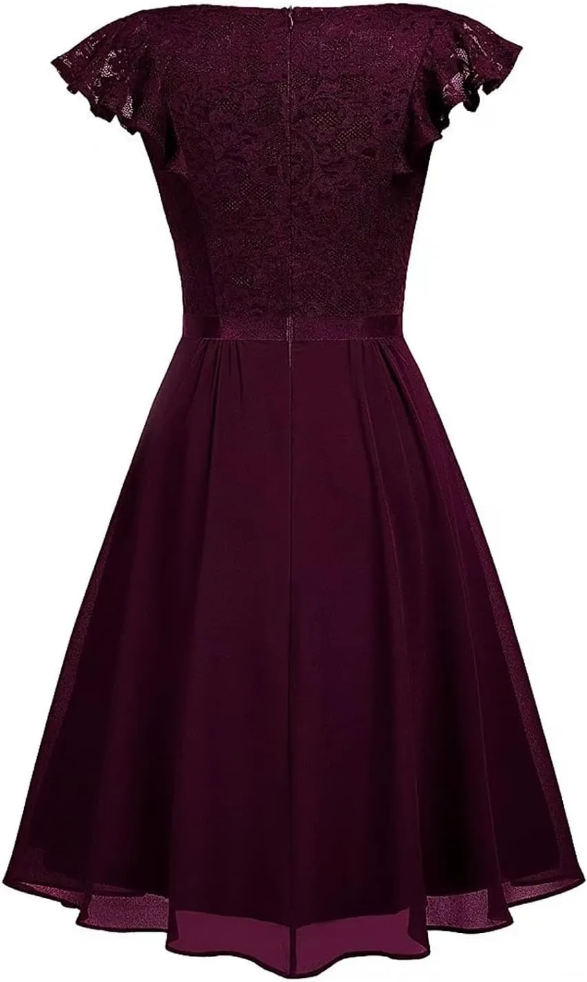 Women's Elegant Floral Lace V Neck Ruffle Cap Sleeve Cocktail Party Dress Bridesmaid Prom Dresses Vintage Swing Dress