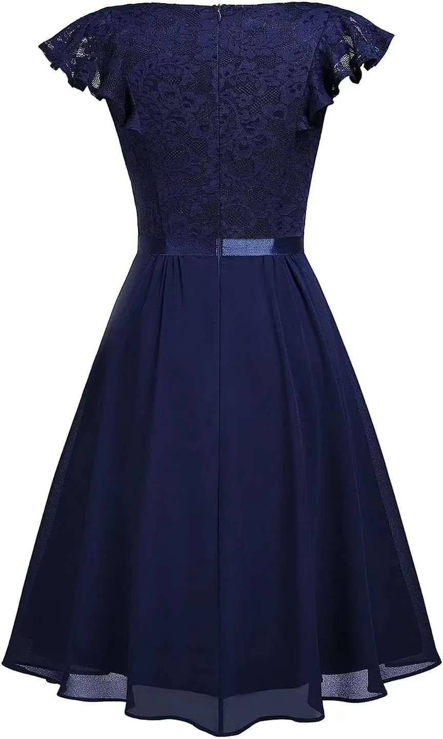 Women's Elegant Floral Lace V Neck Ruffle Cap Sleeve Cocktail Party Dress Bridesmaid Prom Dresses Vintage Swing Dress