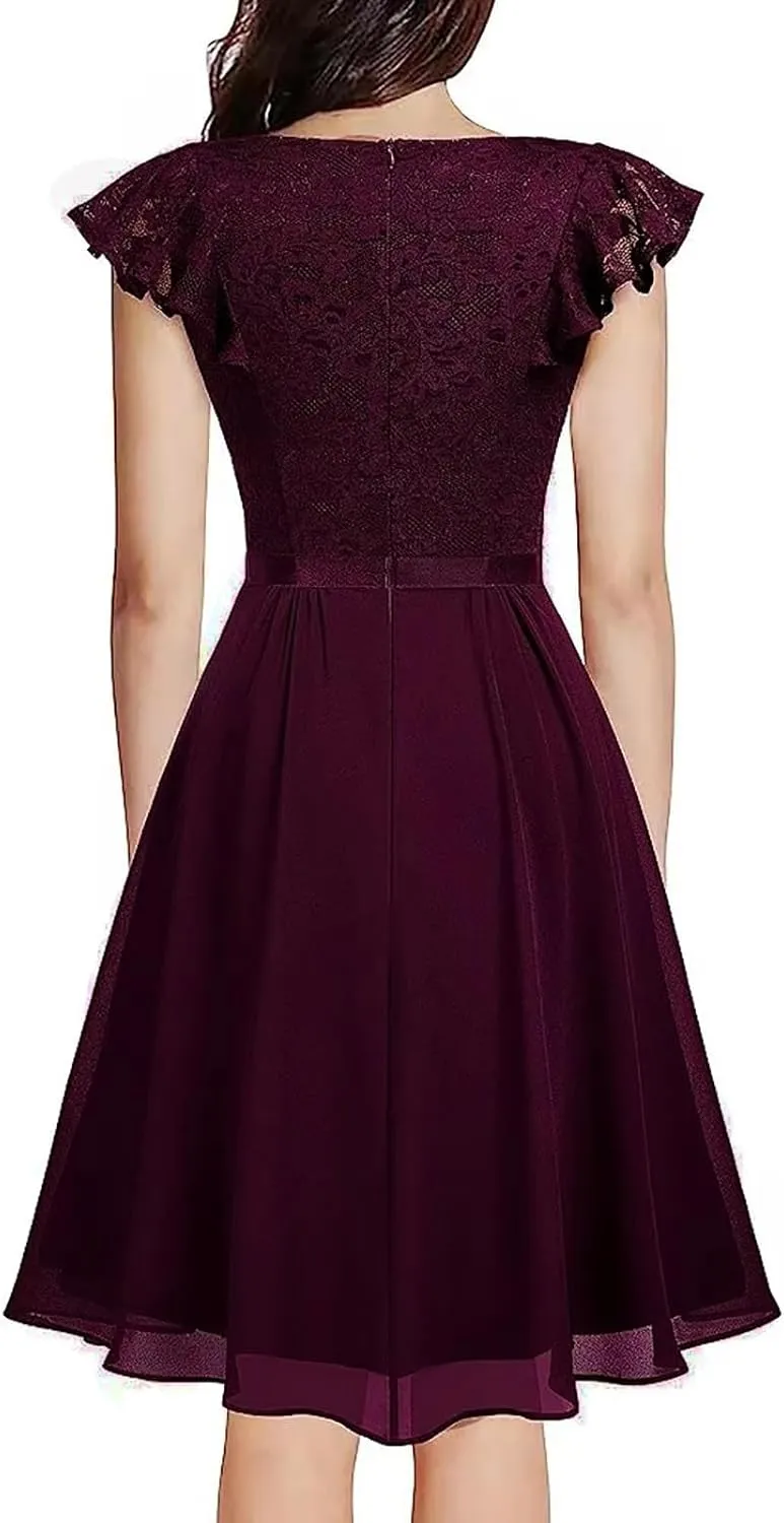 Women's Elegant Floral Lace V Neck Ruffle Cap Sleeve Cocktail Party Dress Bridesmaid Prom Dresses Vintage Swing Dress