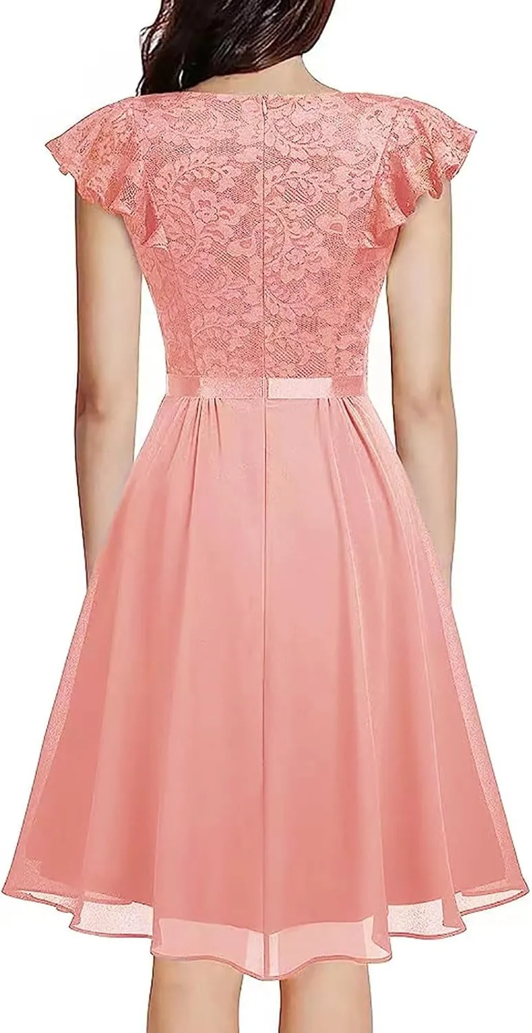 Women's Elegant Floral Lace V Neck Ruffle Cap Sleeve Cocktail Party Dress Bridesmaid Prom Dresses Vintage Swing Dress
