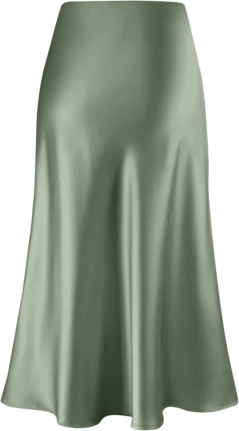 Womens Elegant Midi Skirt High Waisted Solid Satin Dress Work Skirts Party Wedding Flared A-Line Skirts