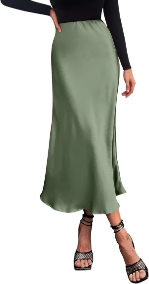 Womens Elegant Midi Skirt High Waisted Solid Satin Dress Work Skirts Party Wedding Flared A-Line Skirts