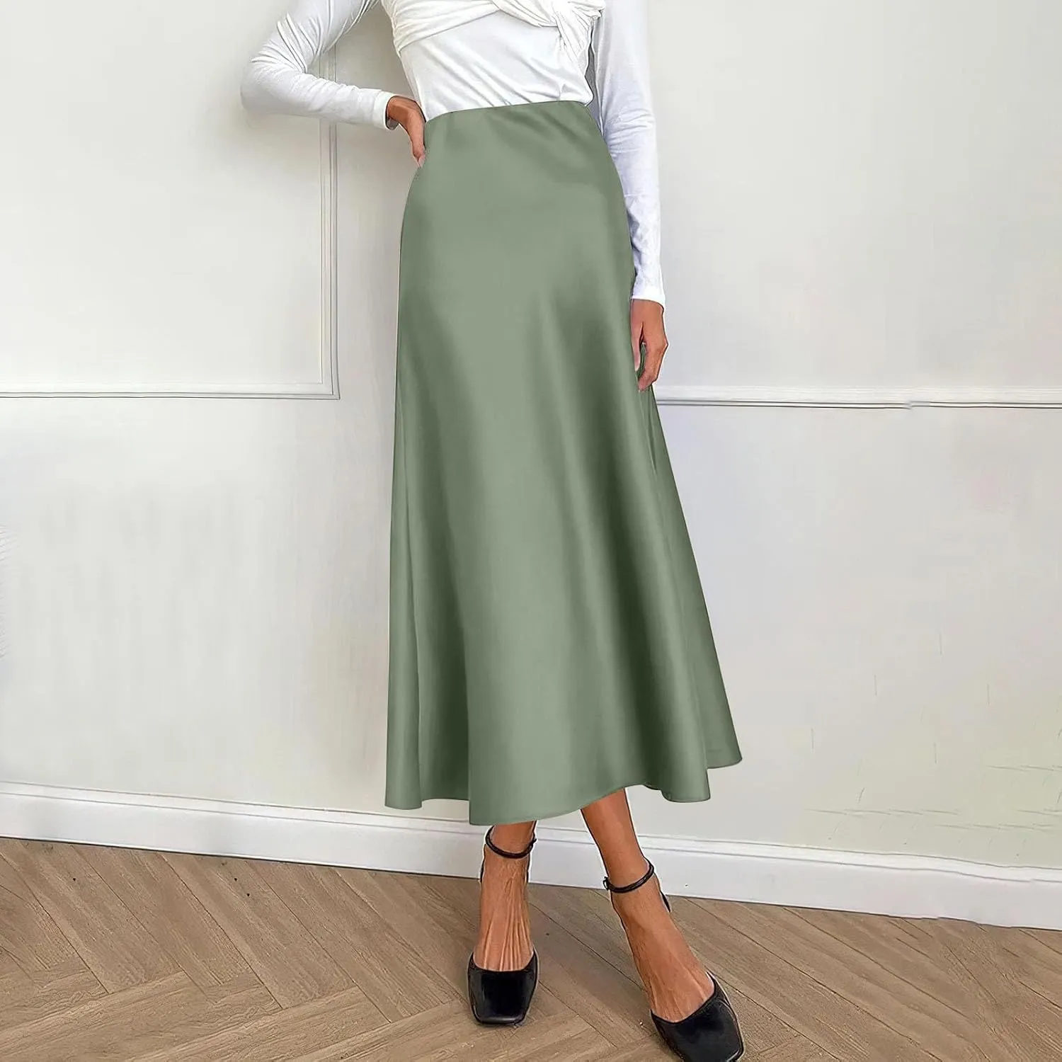 Womens Elegant Midi Skirt High Waisted Solid Satin Dress Work Skirts Party Wedding Flared A-Line Skirts