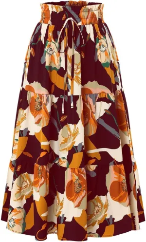 Womens Floral Print Elastic Waist Ruffle Midi Tiered Skirt High Waist Pleated A-Line Flared Maxi Skirts Summer Boho Skirts