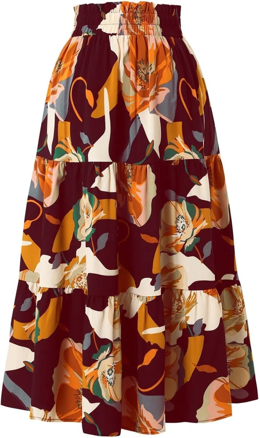 Womens Floral Print Elastic Waist Ruffle Midi Tiered Skirt High Waist Pleated A-Line Flared Maxi Skirts Summer Boho Skirts