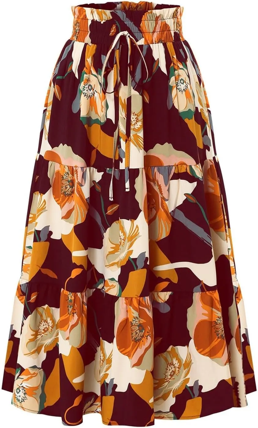 Womens Floral Print Elastic Waist Ruffle Midi Tiered Skirt High Waist Pleated A-Line Flared Maxi Skirts Summer Boho Skirts